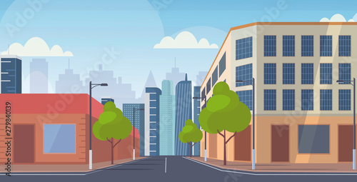 city street skyscraper buildings road view empty no people downtown cityscape background flat horizontal