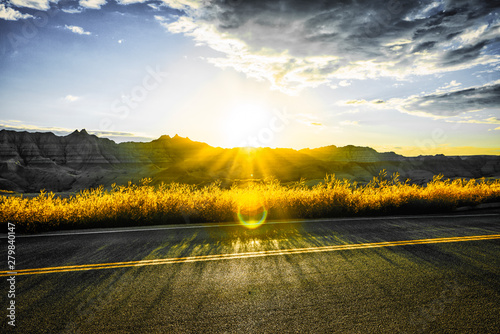 Sunrise along a Badlands road