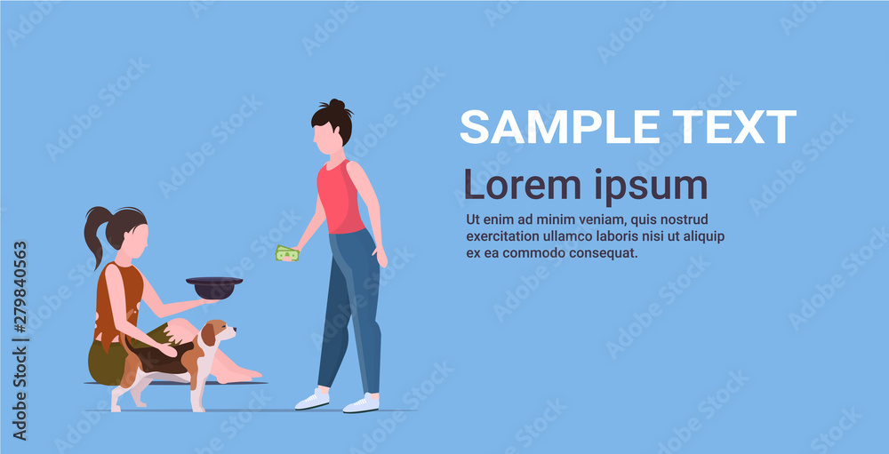 girl giving money to poor woman sitting on floor with dog begging for help female beggar holding hat homeless jobless unemployment concept horizontal flat copy space full length girl giving money to poor woman sitting on floor with dog begging for help female beggar holding hat homeless jobless unemployment concept horizontal flat copy space full length