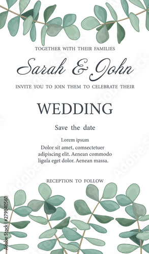 Wedding invitation with eucalyptus leaves, watercolor, isolated on white. Vector Watercolour.