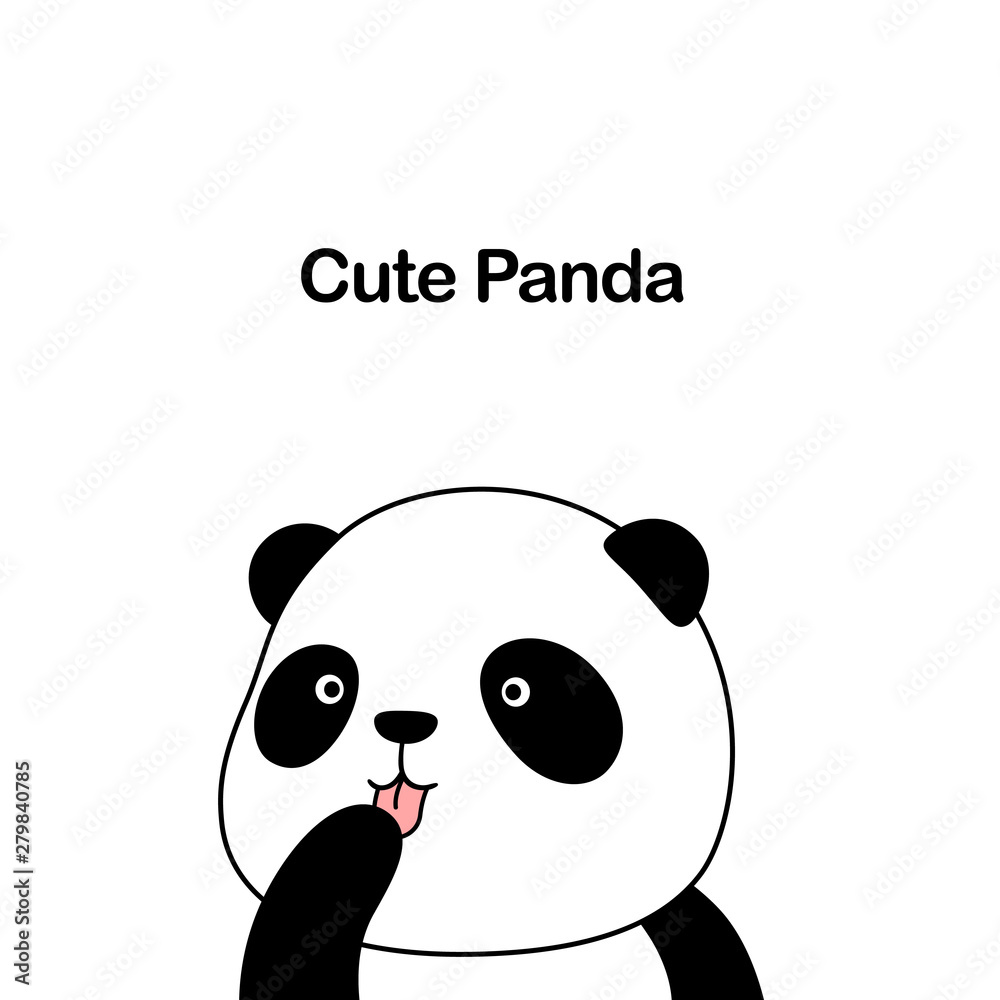 Plakat Vector Illustration / Logo Design - Cute funny baby cartoon giant panda bear with the tongue out, licking finger / hand / paw