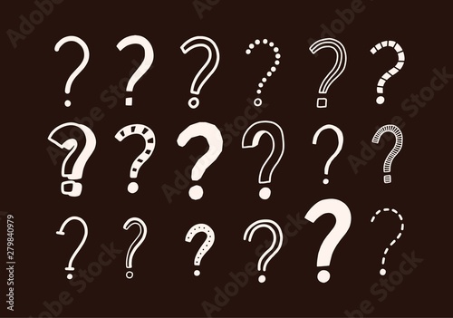 Set of doodle drawings of question marks. Collection of interrogation points hand drawn with contour lines on dark background. Brainstorm or challenge symbols. Monochrome vector illustration.