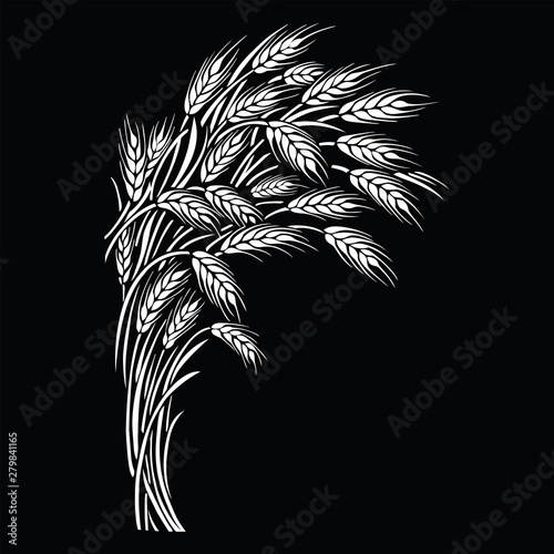Ripe wheat ears sheaf on black background. Vector illustration, template as frame, corner or border element.