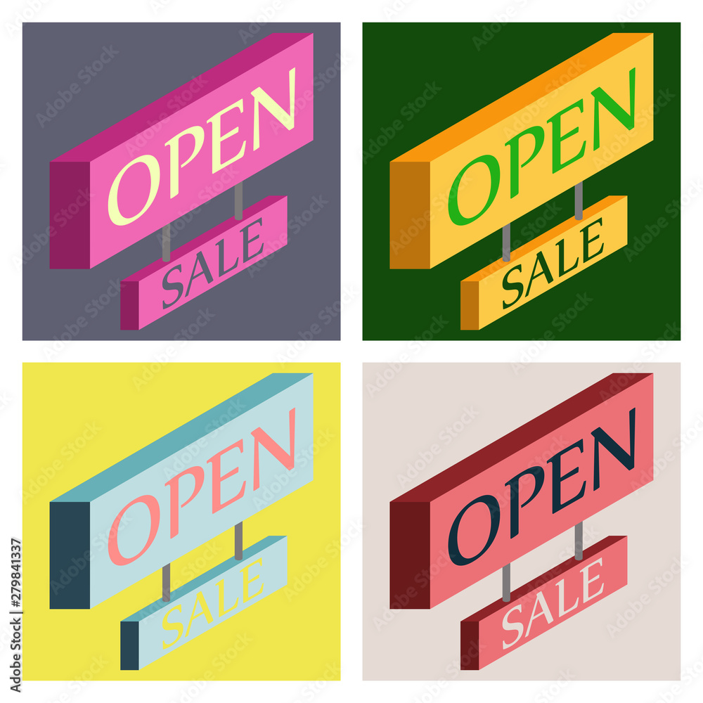 Fototapeta premium Set of Vector open door sign. Label with text in flat style. Vector illustration