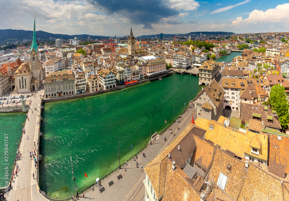 Zurich. Panoramic aerial view of the city on a sunny day.
