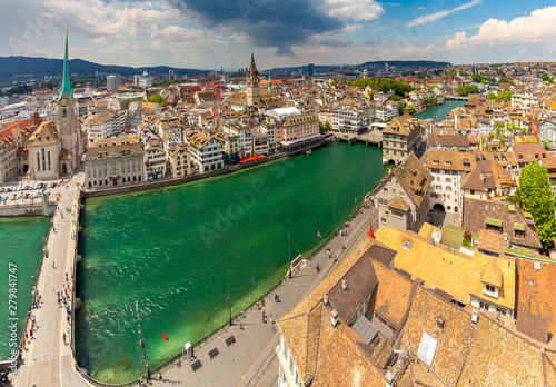Zurich. Panoramic aerial view of the city on a sunny day.