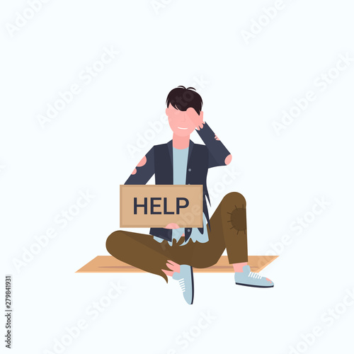 man beggar holding sign board with help text tramp sitting on floor begging for help homeless jobless concept flat full length white background