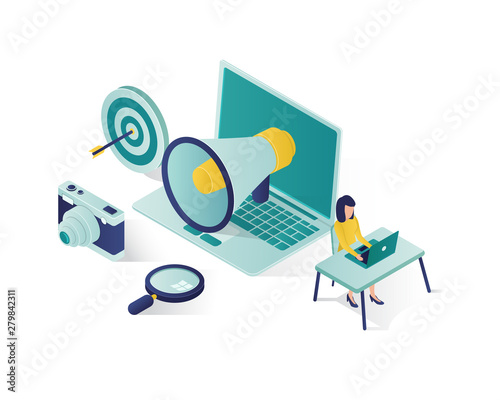 business promotion isometric illustration ,social media marketing isometric illustration ,isometric business vector illustration with color