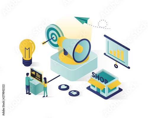business promotion isometric illustration ,social media marketing isometric illustration ,isometric business vector illustration with color