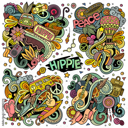 Colorful vector hand drawn doodles cartoon set of Hippie combinations of objects