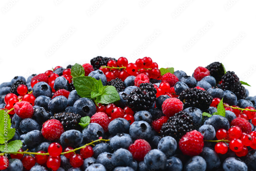 Blackberry, raspberry, blueberry, red currant and mint background. Isolated on white. Copy space. Blackberry, raspberry, blueberry, red currant and mint background. Isolated on white. Copy space.