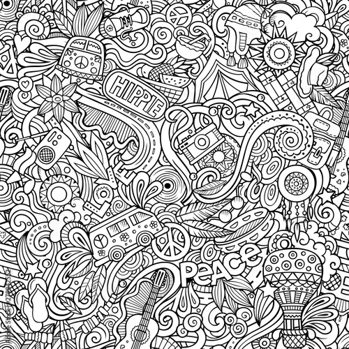 Hippie hand drawn doodles seamless pattern. Hippy background.