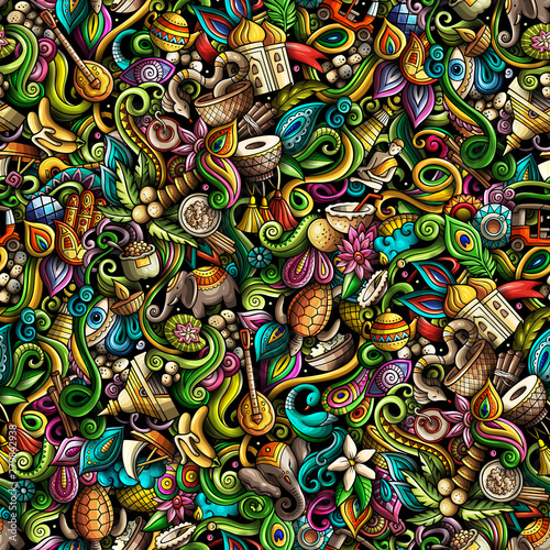 India culture hand drawn doodles seamless pattern. Indian backgraund