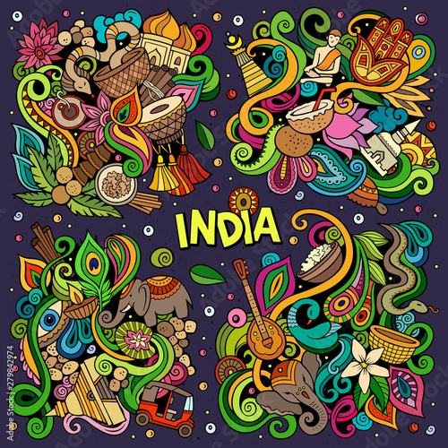 Colorful vector hand drawn doodles cartoon set of India combinations of objects