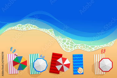 vector summer vacation illustration on the beach with beach umbrellas and sea waves