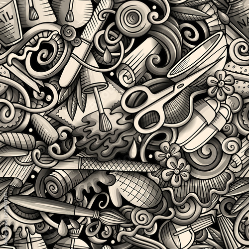 Manicure hand drawn doodles seamless pattern. Nails art background