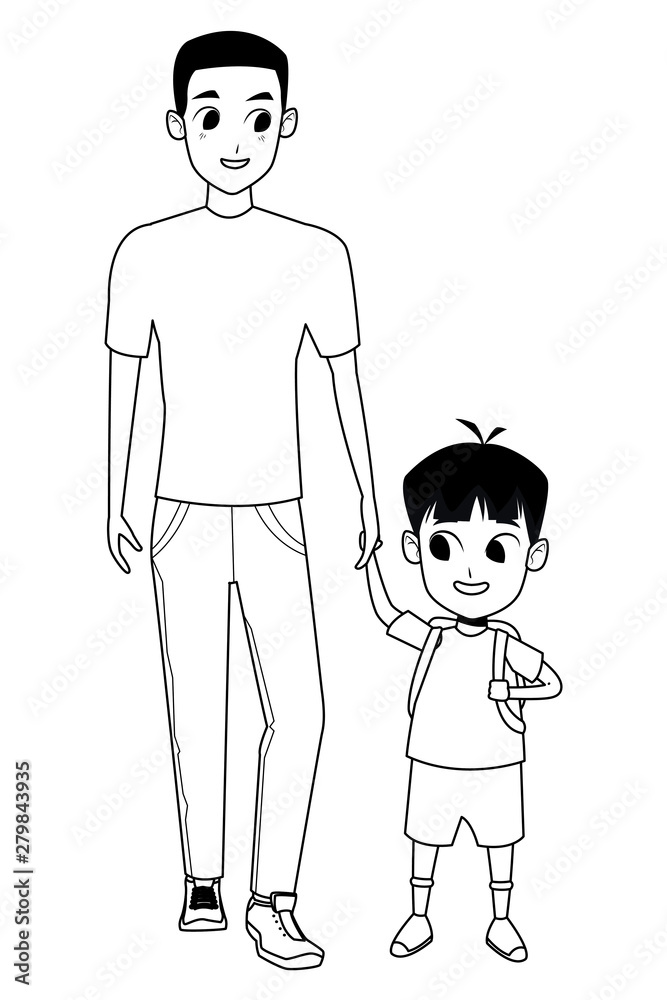 Family single father with children in black and white Family single father with children in black and white