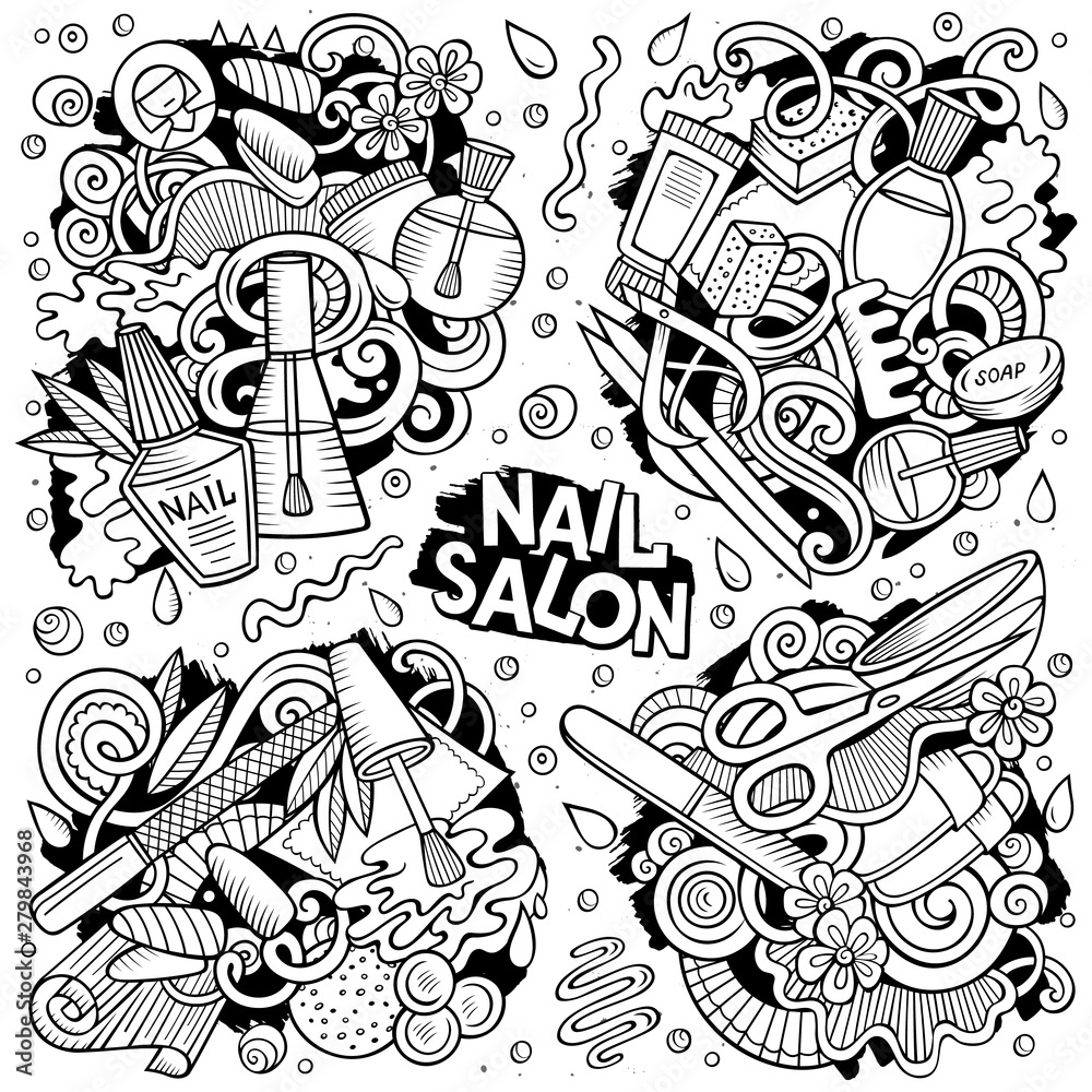 Line art vector hand drawn doodles cartoon set of Nail Salon combinations