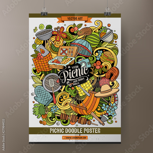 Picnic illustration. BBQ objects and elements cartoon doodle background