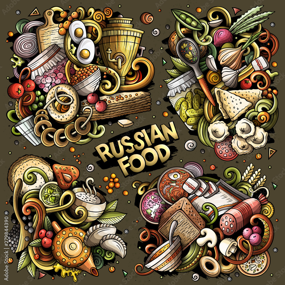 Colorful vector hand drawn doodles cartoon set of Russian food combinations