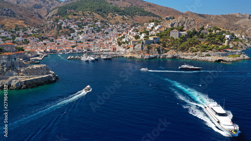 Aerial drone panoramic photo of picturesque port and main village of Hydra or Ydra island with beautiful neoclassic houses, Saronic gulf, Greece