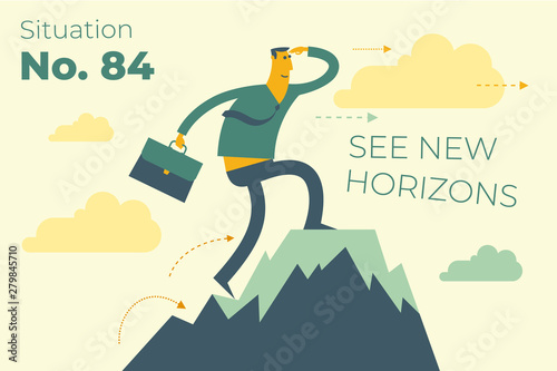 Business infographics with illustrations of business situations. businessman stands on top of success mountain. Top manager, leader achieved the goal. Vector illustration flat design.