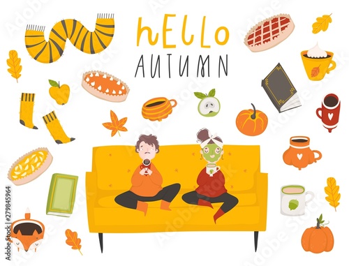 Autumn set - fallen leaves, books, knitted socks, pumpkin isolated on white background. Cute couple or friends spending time together. Trendy vector illustration in flat cartoon style.