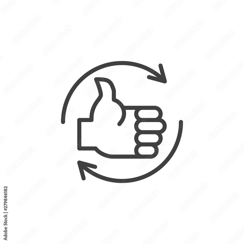 Like repost line icon. Positive feedback linear style sign for mobile concept and web design. Thumb up with reload arrows outline vector icon. Symbol, logo illustration. Vector graphics Like repost line icon. Positive feedback linear style sign for mobile concept and web design. Thumb up with reload arrows outline vector icon. Symbol, logo illustration. Vector graphics