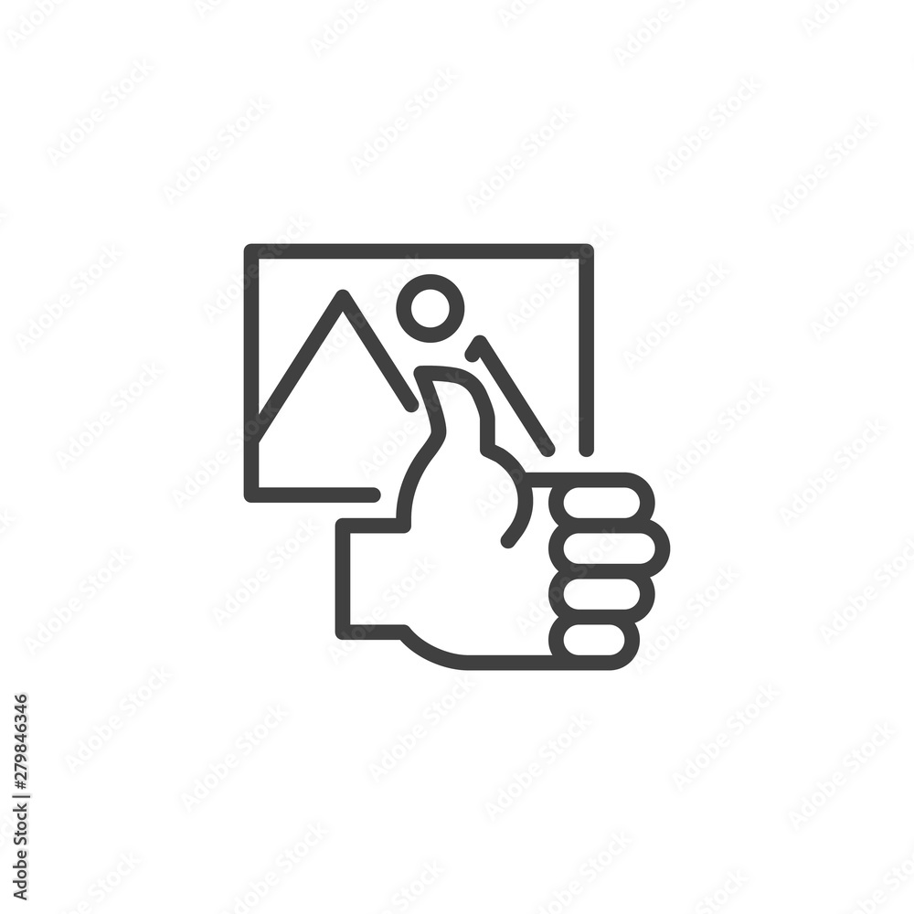 Liked poster line icon. Thumb up and gallery photo linear style sign for mobile concept and web design. Like, image outline vector icon. Positive feedback symbol, logo illustration. Vector graphics Liked poster line icon. Thumb up and gallery photo linear style sign for mobile concept and web design. Like, image outline vector icon. Positive feedback symbol, logo illustration. Vector graphics