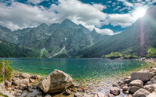 Fototapeta Naklejka Na Ścianę i Meble -  Beautiful landscape of the lake Morske Oko (Sea Eye) on a clear sunny day, Zakopane, Poland, High Tatras