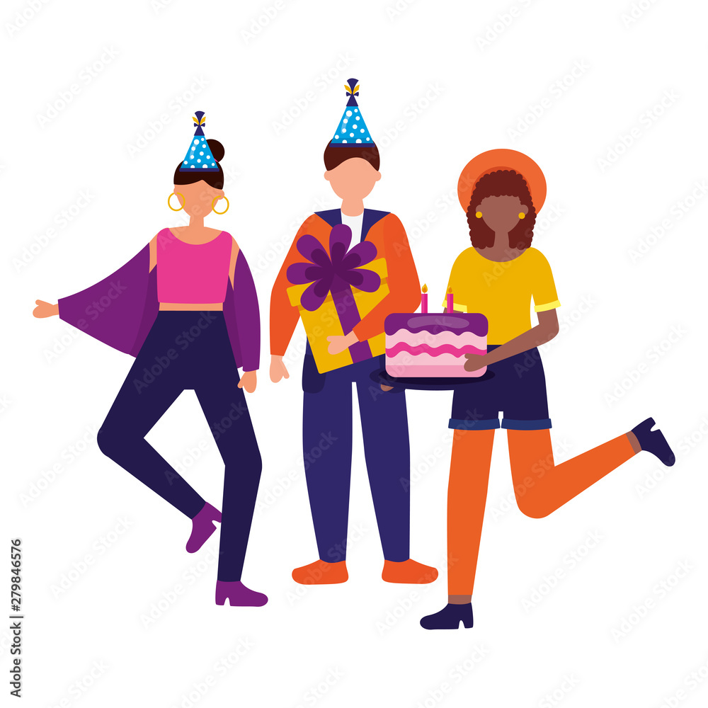 happy women and man with cake gift birthday celebration