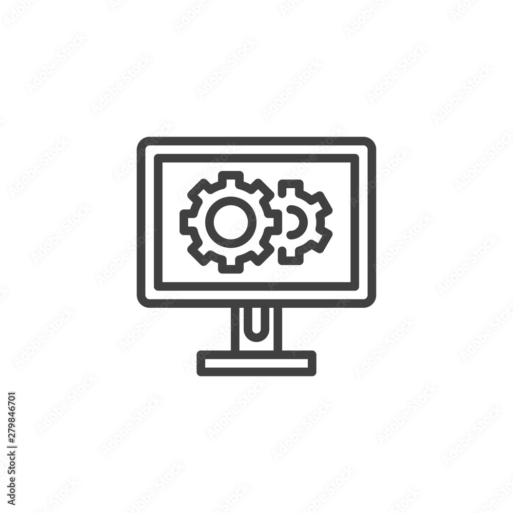 Service monitor with gear line icon. Software development linear style sign for mobile concept and web design. Computer setup outline vector icon. Symbol, logo illustration. Vector graphics Service monitor with gear line icon. Software development linear style sign for mobile concept and web design. Computer setup outline vector icon. Symbol, logo illustration. Vector graphics
