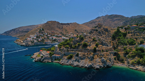 Aerial drone photo from picturesque main town of Hydra or Ydra island, Saronic gulf, Greece