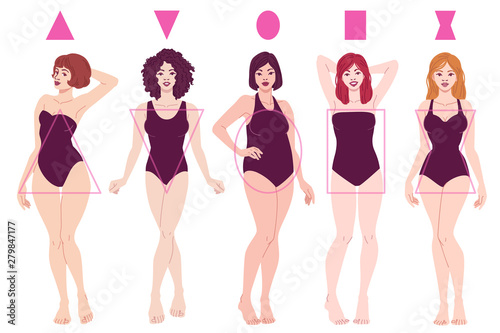 Female Body Shape Types - Pear, Inverted Triangle, Apple, Rectangle, Hourglass. Vector fashion illustration isolated on white background.