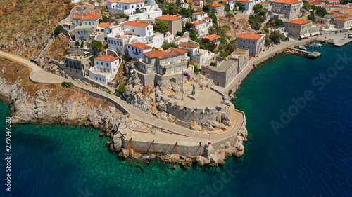 Aerial drone panoramic photo of picturesque port and main village of Hydra or Ydra island with beautiful neoclassic houses  Saronic gulf  Greece