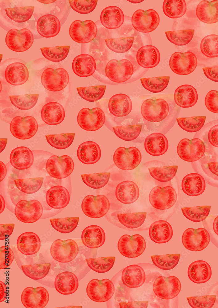 Watercolor background with illustration of red tomatoes on red Watercolor background with illustration of red tomatoes on red