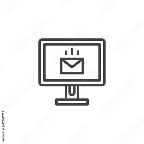 Monitor with email line icon. linear style sign for mobile concept and web design. Pc monitor with envelope message outline vector icon. Symbol, logo illustration. Vector graphics