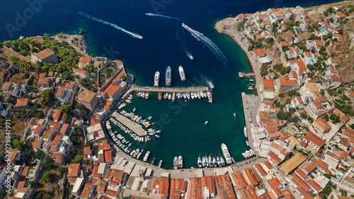 Aerial drone photo of picturesque port and main village of Hydra or Ydra island with beautiful neoclassic houses, Saronic gulf, Greece photo