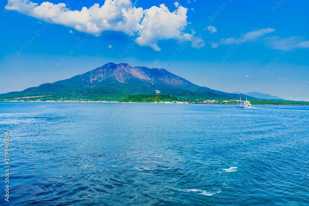 Landscape of Sakurajima island and Kagoshima ferry in Kagoshima Japan 