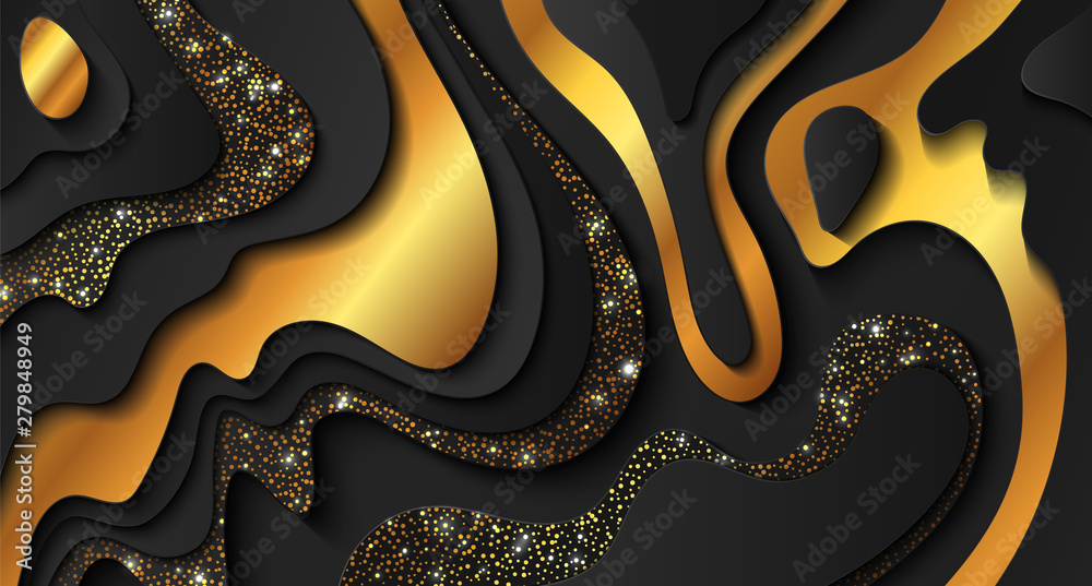 Fototapeta premium Abstract black background with paper cut out layers and golden sparkles. Vector illustration. Paper cutting texture. Applicable for business banner, flyer, poster, brochure design