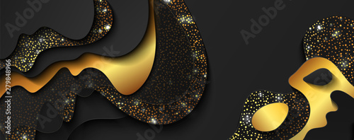 Abstract black background with paper cut out layers and golden sparkles. Vector illustration. Paper cutting texture. Applicable for business banner, flyer, poster, brochure design