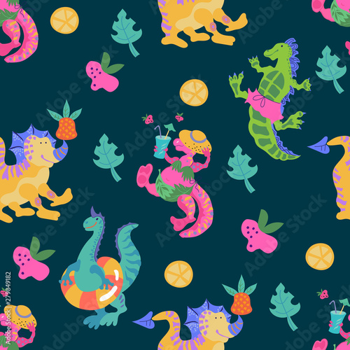 Cute cartoon dinosaurs in summer seamless pattern flat vector illustration isolated on white background. Dino endless texture for t-shirt prints and children items.
