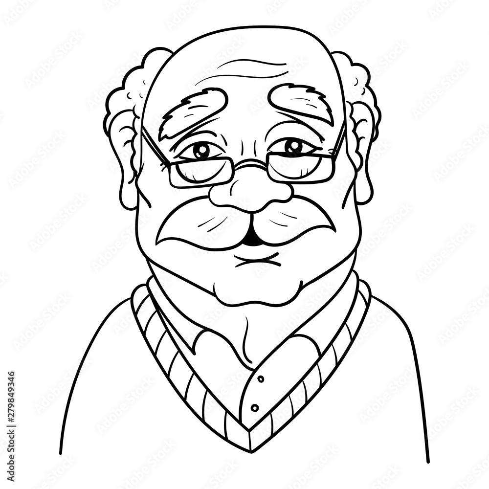 Cartoon drawing of an old grandpa with mustache and glasses. Vector,  Character, Outline, Doodle, Illustration. Stock Vector | Adobe Stock
