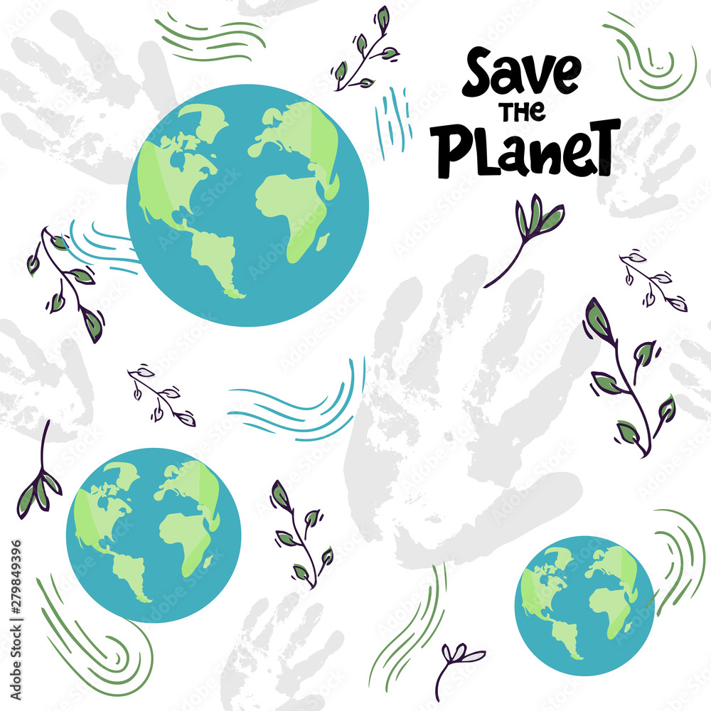 Seamless pattern with planet on white background - the Earth and lettering  words. Go green vector illustration. Save the Earth. Fabric,Wallpaper. hand  drawing Stock Vector | Adobe Stock