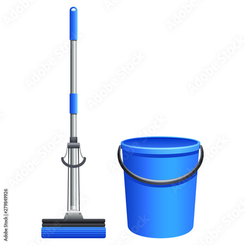 Blue mop and blue bucket for mopping