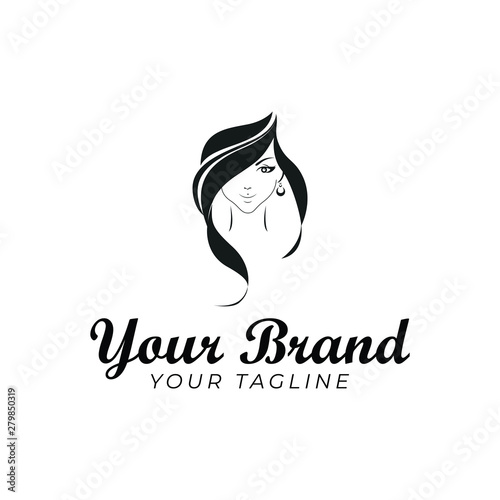 logo template of beautiful woman face and hair in black and white