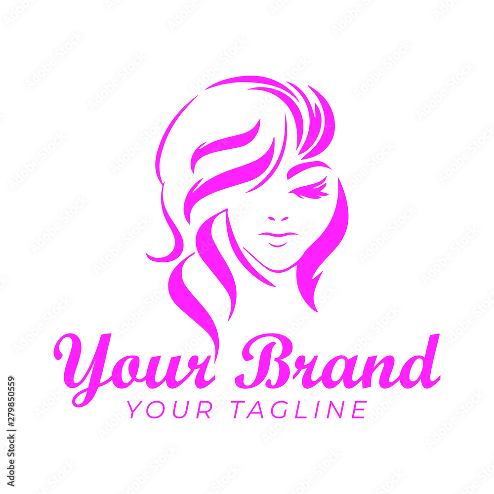 logo template of beautiful woman face and hair in pink color
