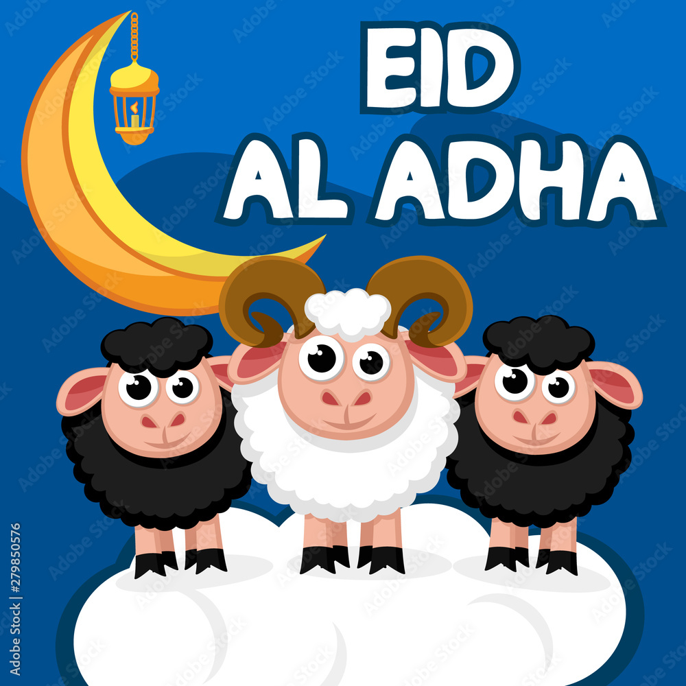 White and black sheep stand on a cloud under the month. The Muslim holiday Eid al-Adha. White and black sheep stand on a cloud under the month. The Muslim holiday Eid al-Adha.