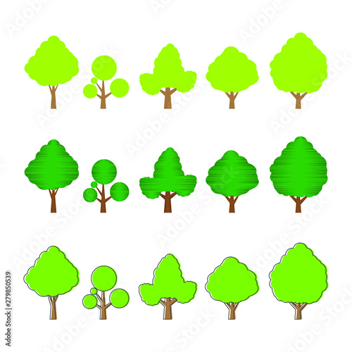 Trees collection. Icons of green plants  forest. Trees illustrations. Tree set. Vector illustrations