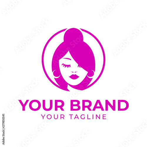 logo template of beautiful woman face and hair pink color in circle
